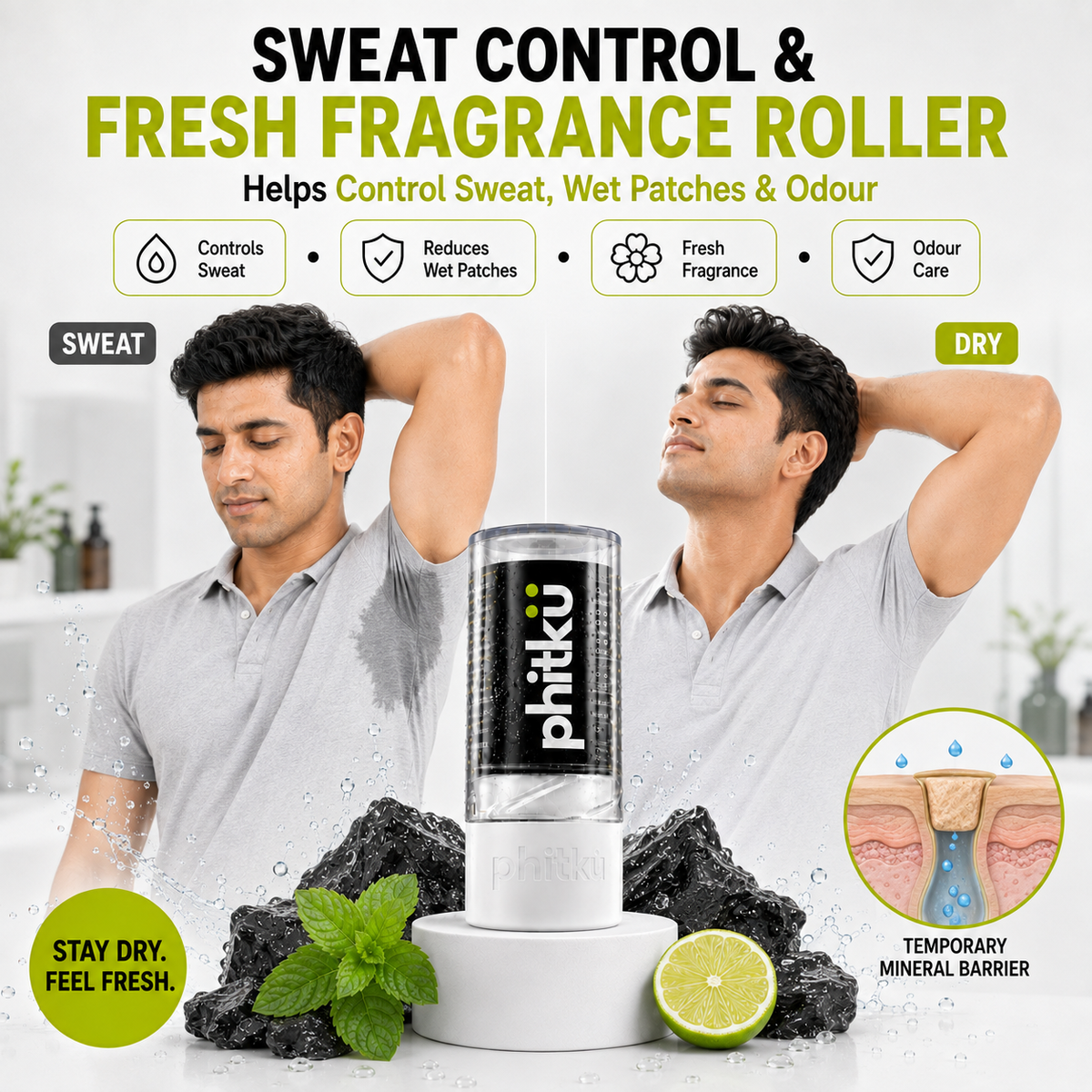 Sweat Control & Fresh Fragrance Mineral Roller โ For Dry, Odour-Free Underarms