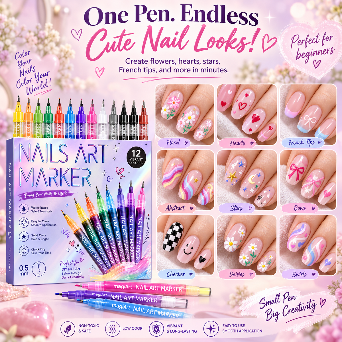 Magic Nail Art Marker Pens โ 12 Color DIY Nail Design Set