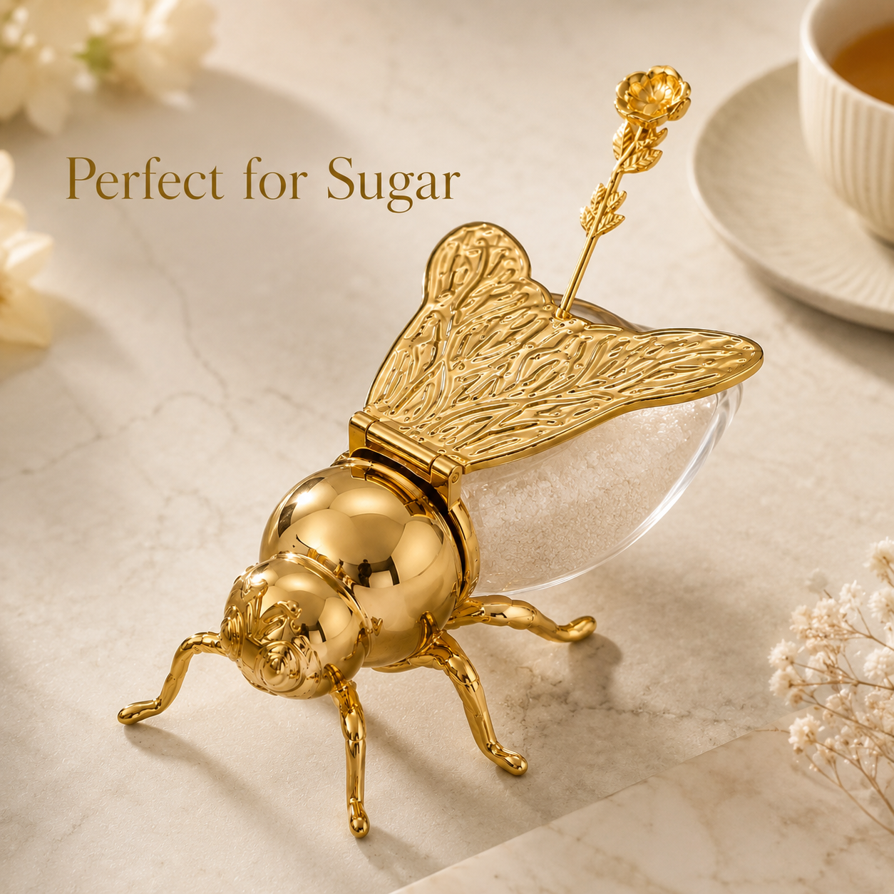 Imperial Bee Shaped Honey & Sugar Jar With Spoon ( Metal & Glass )