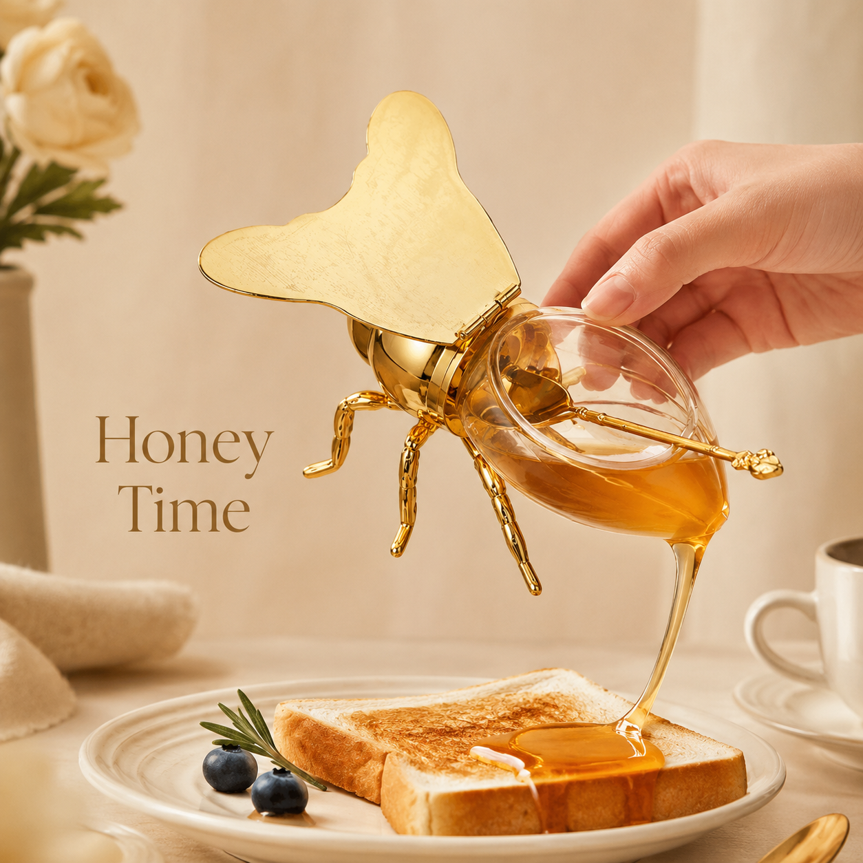 Imperial Bee Shaped Honey & Sugar Jar With Spoon ( Metal & Glass )