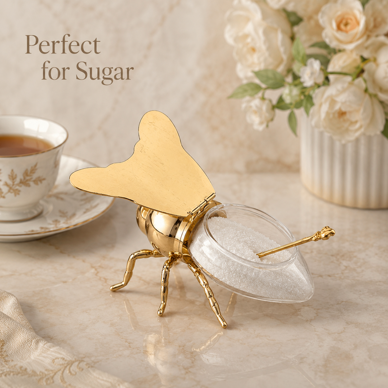 Imperial Bee Shaped Honey & Sugar Jar With Spoon ( Metal & Glass )