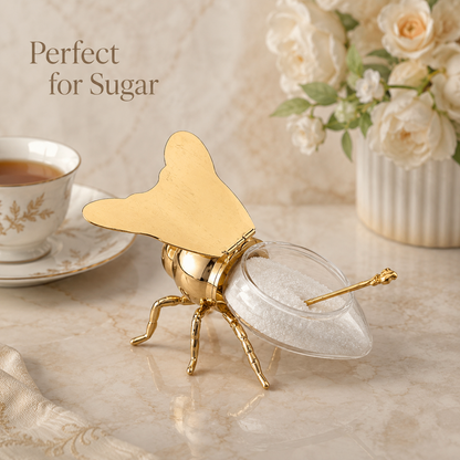 Imperial Bee Shaped Honey & Sugar Jar With Spoon ( Metal & Glass )