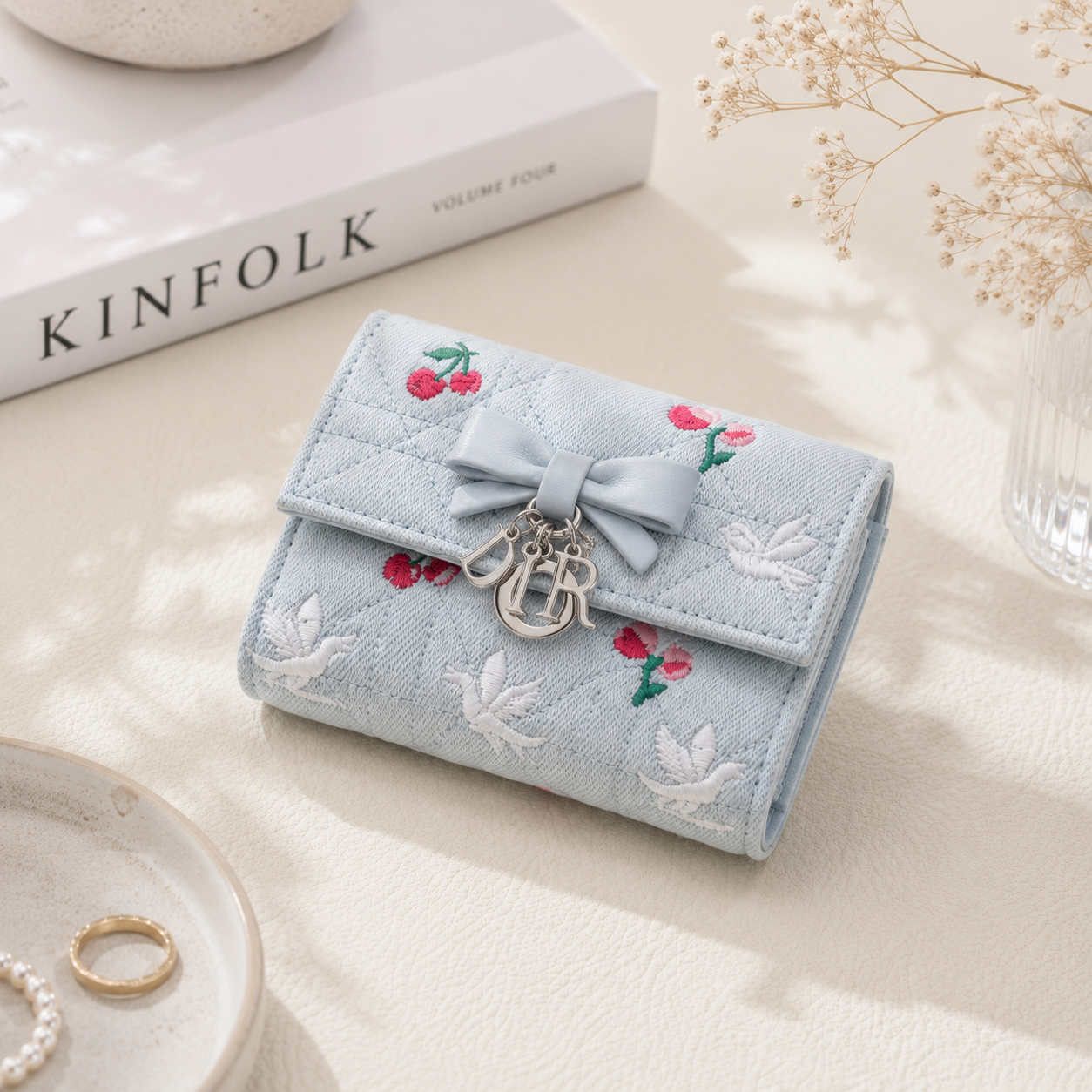 Elegant White Embroidered Lambskin Wallet