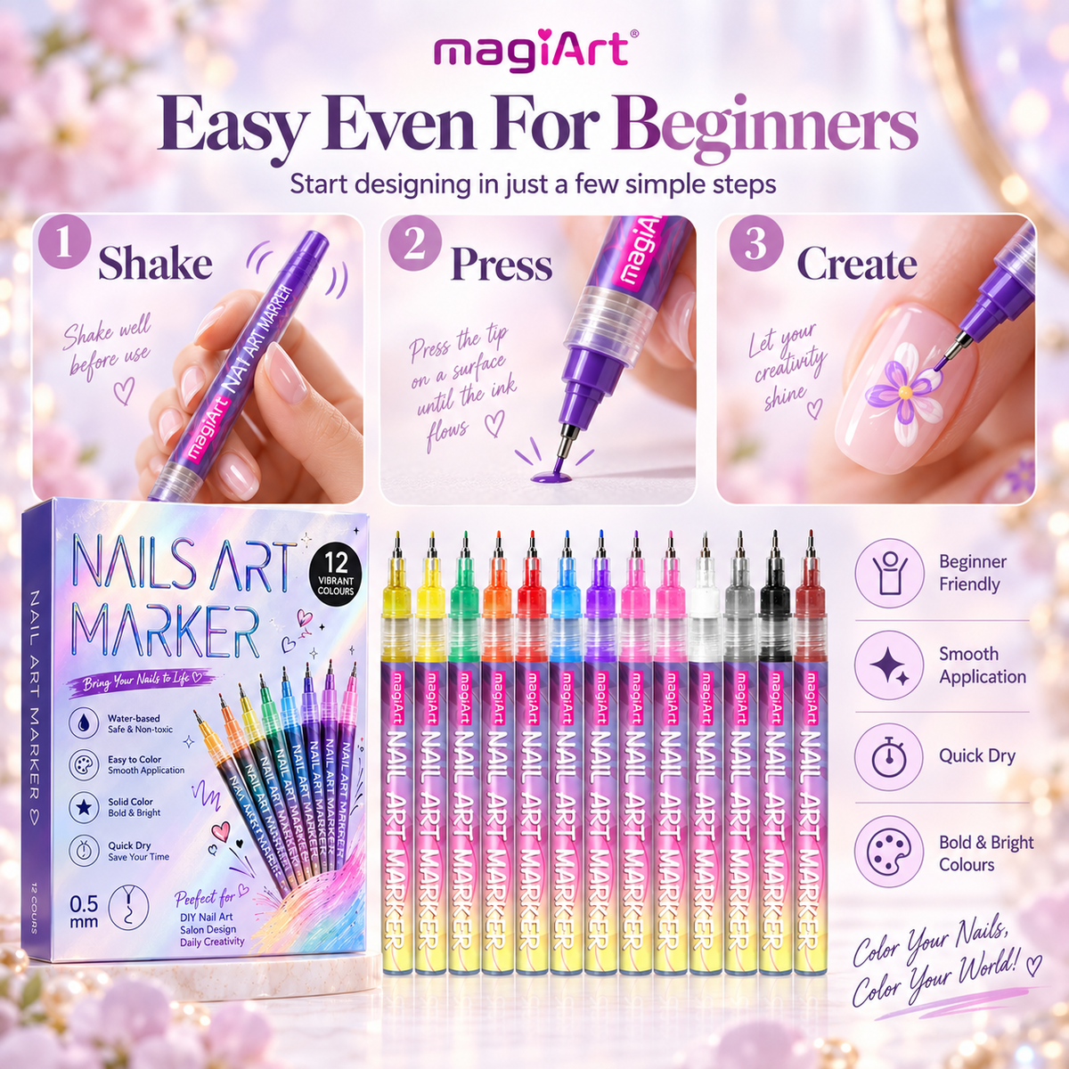 Magic Nail Art Marker Pens – 12 Color DIY Nail Design Set