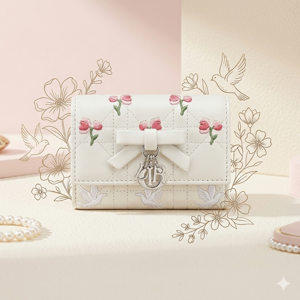 Elegant White Embroidered Lambskin Wallet