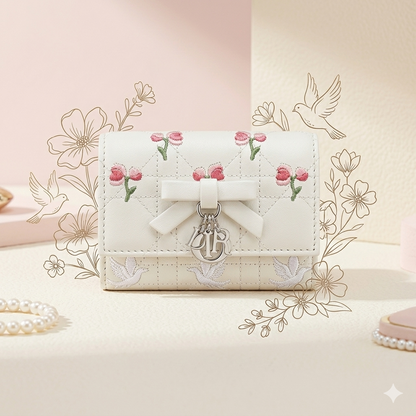 Elegant White Embroidered Lambskin Wallet