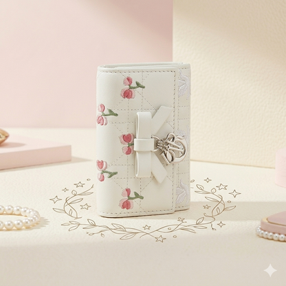 Elegant White Embroidered Lambskin Wallet