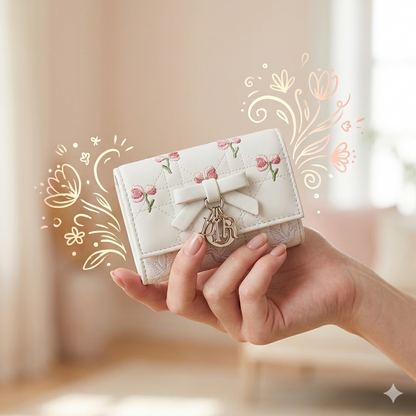 Elegant White Embroidered Lambskin Wallet