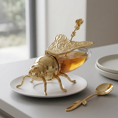 Imperial Bee Shaped Honey & Sugar Jar With Spoon ( Metal & Glass )